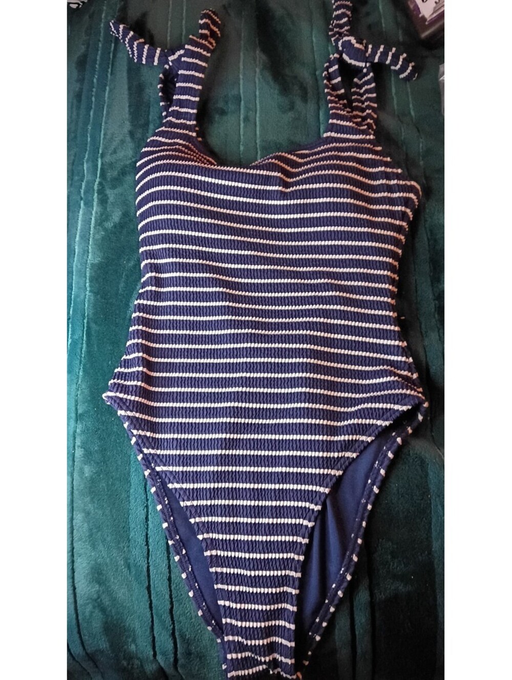 Accessorize Navy & White Striped Crinkle Tie-Shoulder One-Piece Swimsuit